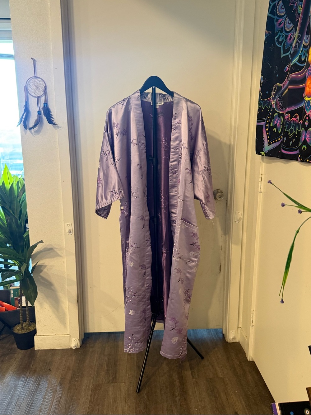 Satin Floral Kimono Robe in Lavender - Women's Intimates